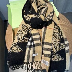 Burberry Black & Tan Leaf Design Scarf with Box